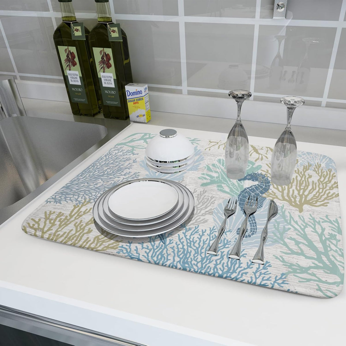 Blue Coral Dish Drying Mat Coastal Starfish Dishes Pad Hanging Drainer Mats Reversible Absorbent Kitchen Counter Protector 18x24 Inch
