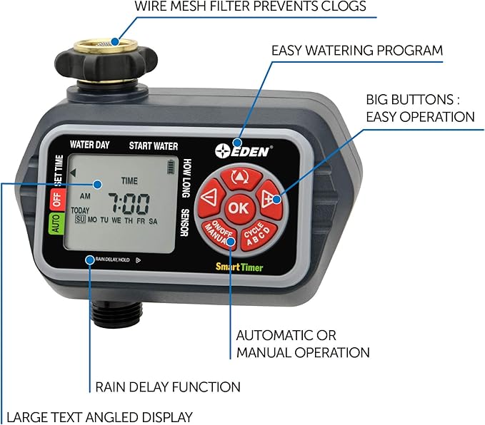 Eden 93411 1-Zone Digital Water Timer with LCD Display - Programmable Sprinkler System Manual Watering Rain Delay and Moisture Sensor Compatibility