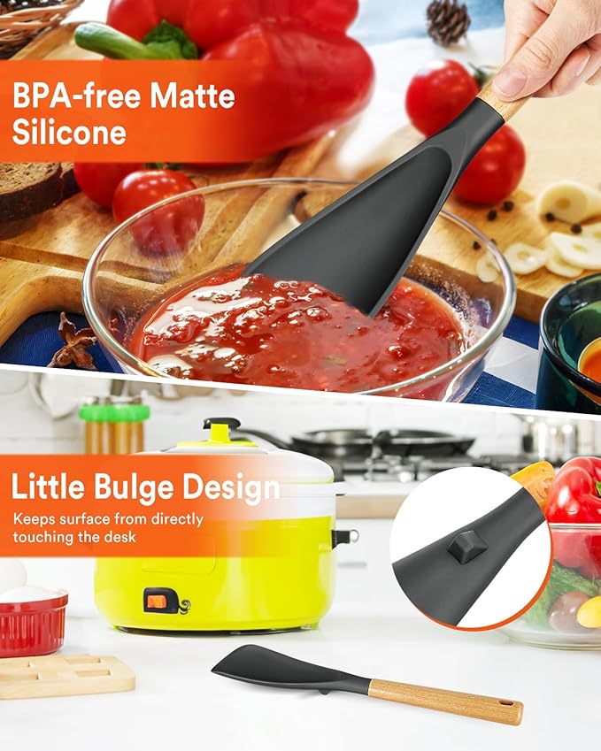 Multifunction Spatula Spoon for Nonstick Cookwares, Great for Cooking and Serving, Sturdy BPA-Free Matte Silicone, Wood Handle Spatula for Mixing, Scoop, and Scrape, Grey(2 pack,11.4" & 13.4")