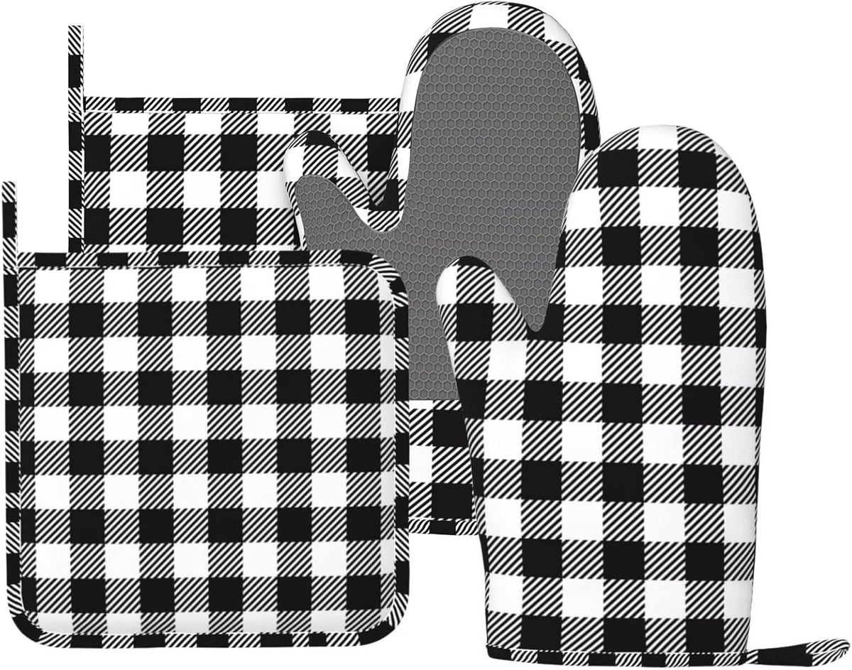 Black Checked Pattern Oven Mitts and Pot Holders Set of 4 Silicone Gingham Plaid Check Black Kitchen Mitten Gloves and Potholders Set Heat Resistant Oven Gloves Hot Holders for Kitchen