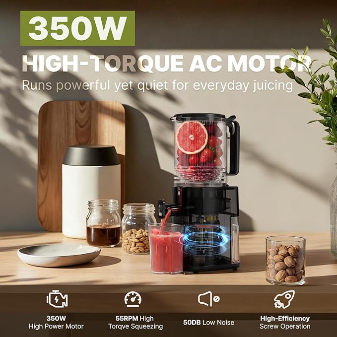Cold Press Juicer, 5.5inch Wide Feed Chute Juicer Extractor Machine, Slow Masticating Juicer for Whole Vegetables & Fruits, Black
