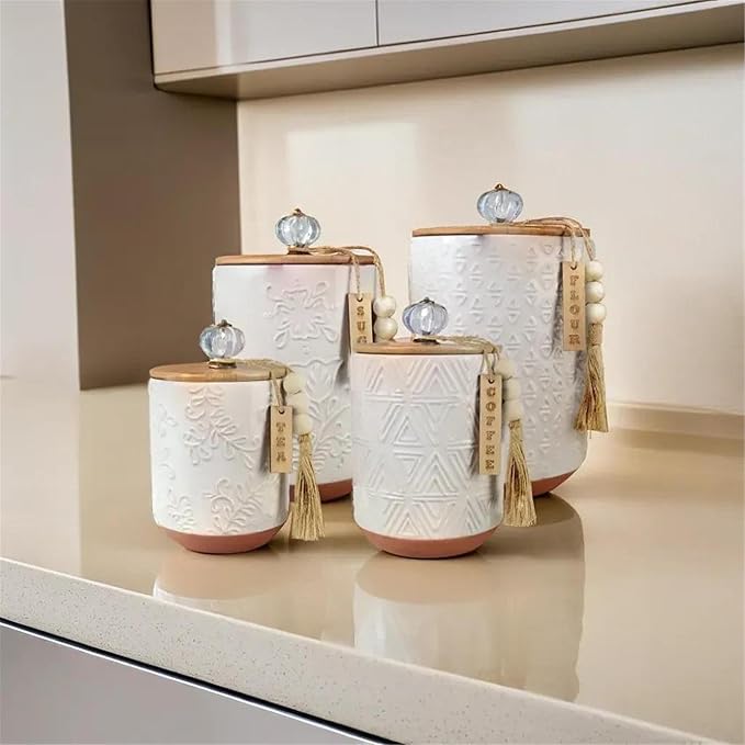Youngs 21207 Ceramic Canister with Wood Lid and Silicon Seal, Crystal Knob and Blessing Bead Tassel Accent, 4-piece Set
