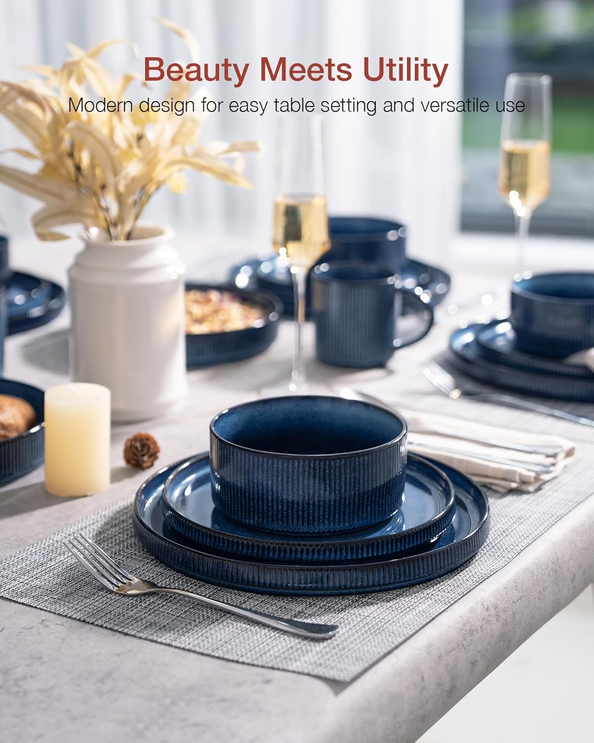 Famiware Star Plates and Bowls Sets, Modern Stoneware Dinnerware Sets for 8, 24-Piece Kitchen Dish Set - Microwave and Dishwasher Safe, Chip and Scratch Resistant, Nebulas Blue