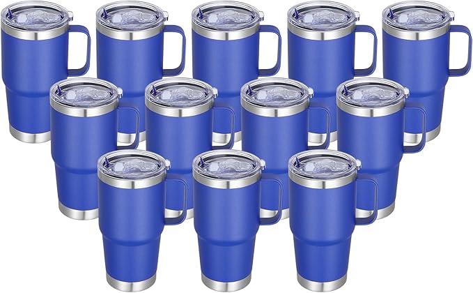 20 oz Stainless Steel Tumbler with Handle Bulk Metal Insulated Tumblers Travel Coffee Mug with Handle Double Wall Tumbler Cup with Lid and Straw, Blue 12 Pack