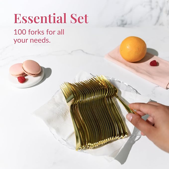 Prestee 100 Gold Plastic Forks - Heavy Duty Elegant Disposable Utensils - Fancy Plastic Silverware for Weddings and Holidays - Heavyweight 7 Inch Forks for Special Occasions