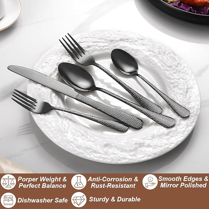 40 Pcs Black Silverware Set for 8 with Hammered Design, Food Grade Stainless Steel Flatware Set, Eating Utensils Sets Include Fork/Knife/Spoon, Cutlery Set, Dishwasher Safe