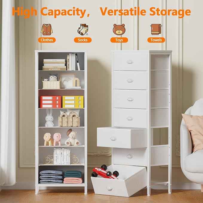 Furnulem White Tall Dresser for Bedroom with 7 Drawers, Vertical Chest of Drawer in Closet, Nightstand Storage Tower Unit Organizer with Fabric Bins for Dorm,Living Room,Entryway,Hallyway