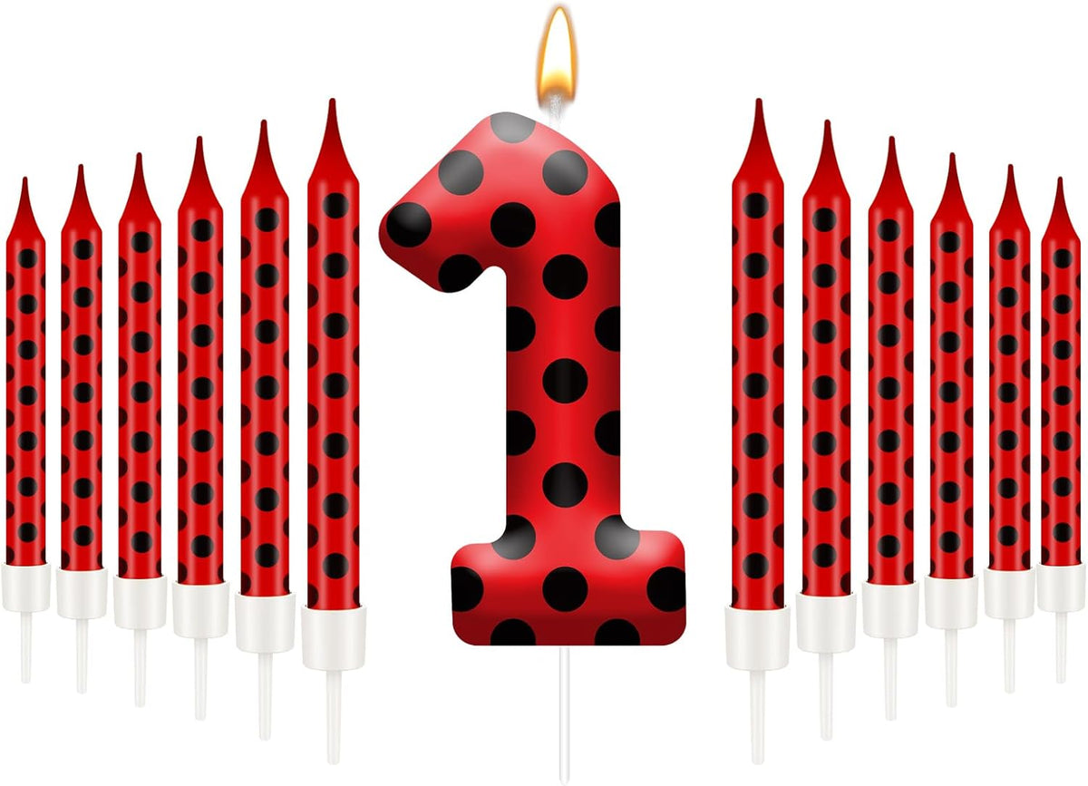 13PCS Ladybug Theme Birthday Candles Set - Red & Black Polka Dot Decorative Candles for Kids Ladybug Themed Parties, Baby Showers, Birthday Cakes, and Ladybird Inspired Celebrations(Number 1)