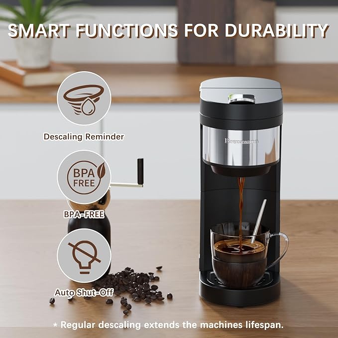 Single Serve Hot & Iced Coffee Maker, for K Cup Pod and Grounds, 6 to 24oz Brew Size, Slim Compact for Small Spaces, Descaling Reminder, with Reusable Filters, Black