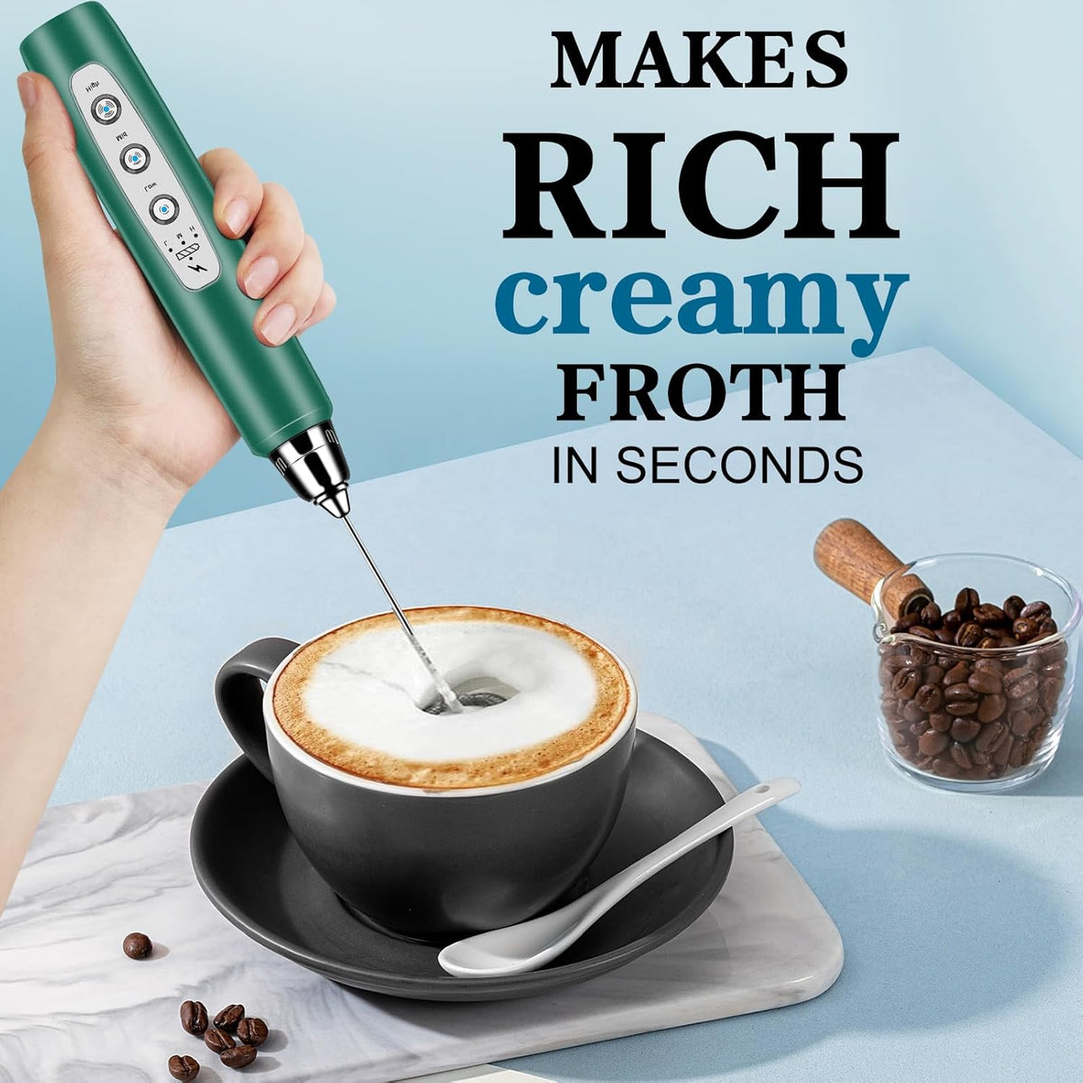 Milk Frother Handheld for Coffee, Electric Whisk 3 Speed Adjustable, Drink Mixer with Stainless 3 Whisks, Rechargeable Hand Frother Wand, for Latte Cappuccino Hot Chocolate Egg Green