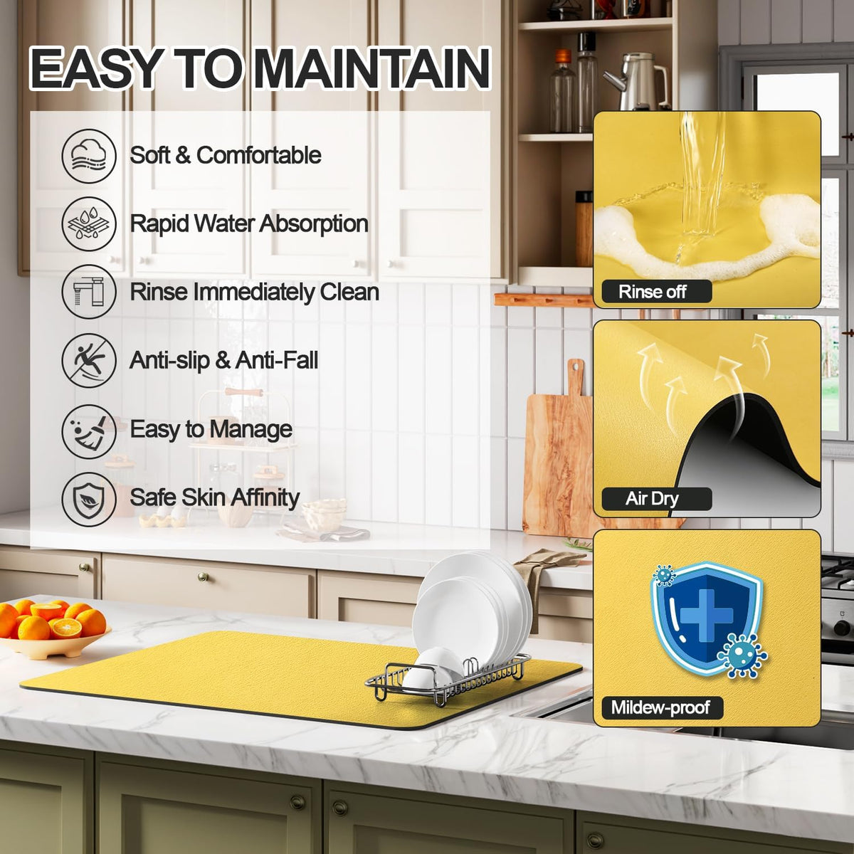 Dish Drying Mat for Kitchen Counter | Coffee Bar Mat for Countertops | Heat Resistant Drainer Mat with Non-slip Rubber Backed | Hide Stain Kitchen Absorbent Draining Mat | Yellow 16"x24"