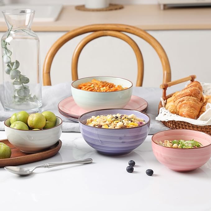 KitchenTour 24 OZ Cereal Bowls Set of 6, Ceramic Soup Bowls for Kitchen, 5.9 Inch Colorful Serving Bowls for Oatmeal, Salad, Pasta, Dessert - Microwave & Dishwasher Safe, Assorted Warm Colors