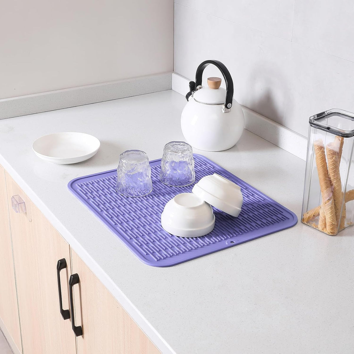 Silicone Dish Drying Mat for Multiple Usage,Easy clean,Eco-friendly,Heat-resistant Silicone Mat for Kitchen Counter or Sink,Refrigerator or Drawer Liner Light Purple 2XL 24 inches x 18 inches