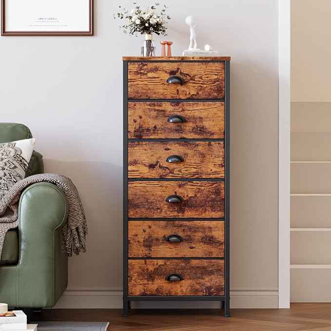 Furnulem Tall Dresser with 6 Drawers,Vertical End Table and Nightstand for Bedroom,Industrial Dorm Bedside Furniture with Fabric Storage Drawer Organizer in Living Room,Closet,Entryway(Rustic Brown)