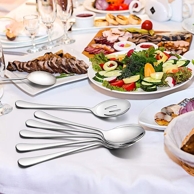 AOOSY 2 Pieces Stainless Steel Flatware Serving Sets, 8.7-Inch Long Handle Slotted Spoons and Serving Spoons for Buffet, Banquet, Cooking, and Kitchen