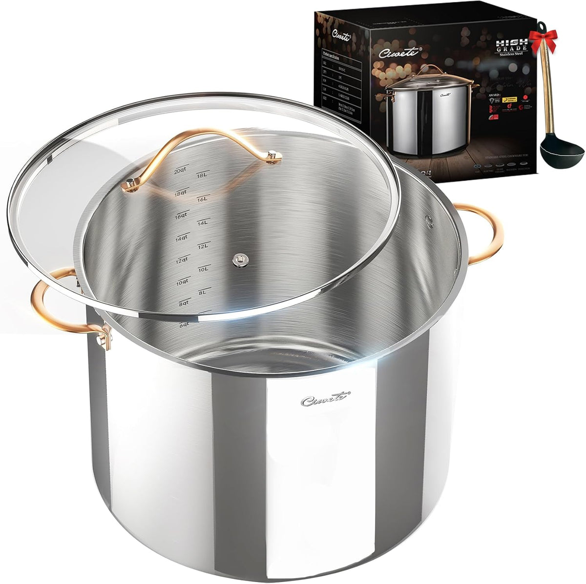 Stock Pot 20 Quart, 3 Ply Stainless Steel Stock Pot with Lid, 20 Quart Soup Pot with Copper Handle, Healthy Stockpots, Induction, Oven, Gas and Dishwasher Safe