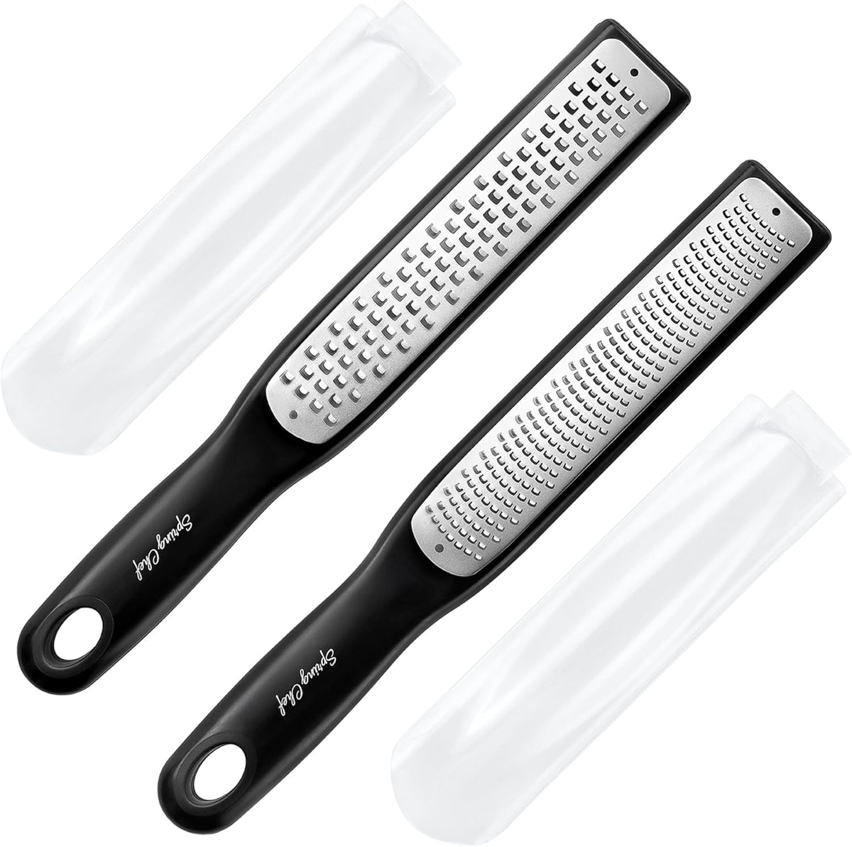 Spring Chef Premium Lemon Zester Grater with Handle - Ginger, Nutmeg, Garlic Grater - Heavy Duty Kitchen Tool - Stainless Steel Citrus Zester with Blade Cover - Fine & Coarse Shred, Set of 2, Black