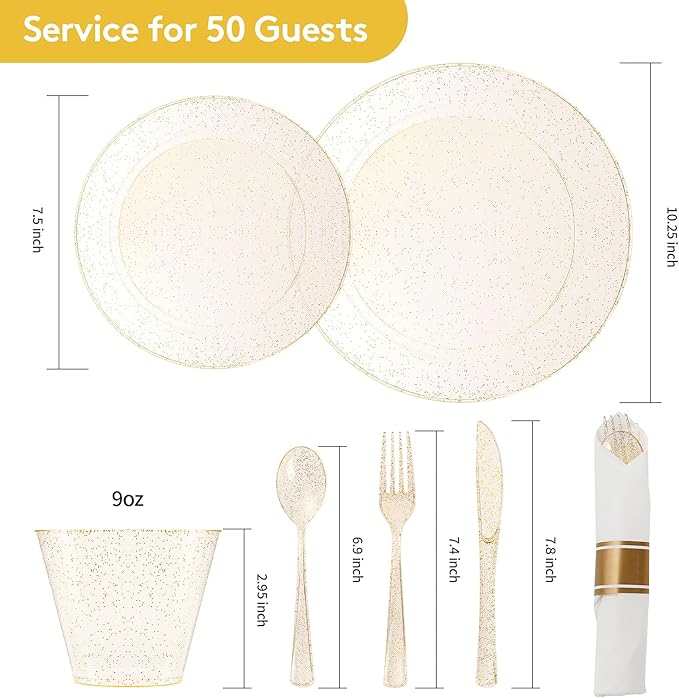 Goodluck 350 Piece Gold Glitter Plastic Dinnerware Set for 50 Guests, Disposable Plates for Party, Include: 50 Dinner Plates, 50 Dessert Plates, 50 Rolled Napkins with Silverware, 50 Cups