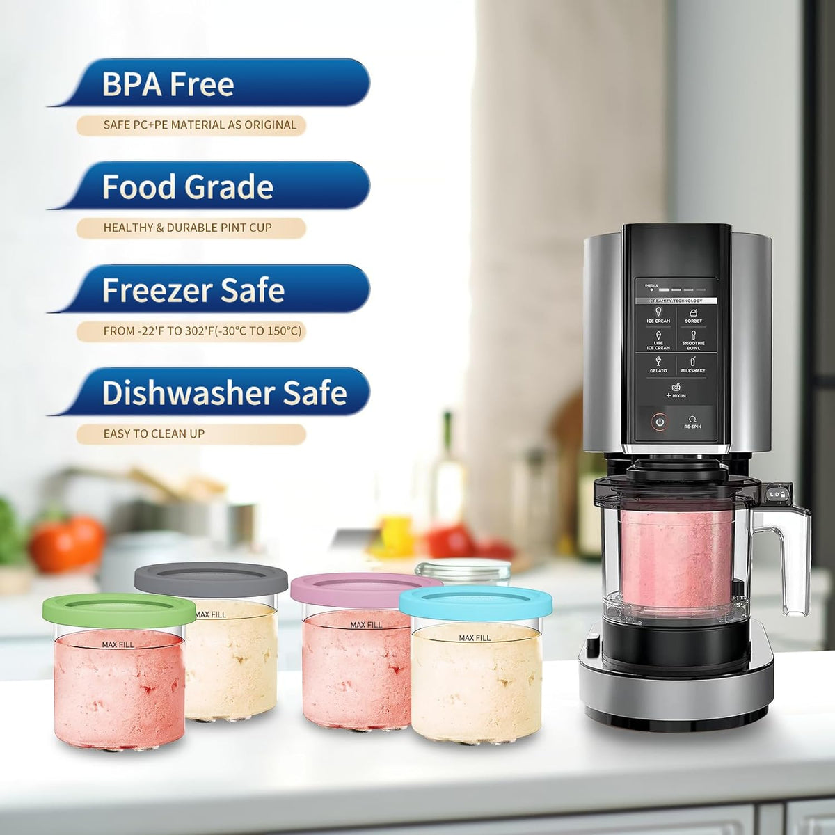 For Ninja Creami NC299AMZ & NC300s Series Ice Cream Makers, BPA-Free &Dishwasher Safe, 16oz Pints with Lids 4 Pack - Assorted Colors, Ice Cream Containers