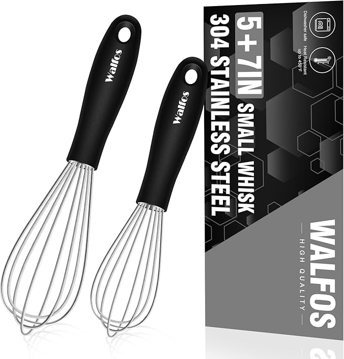 Walfos Mini Stainless Steel Whisk for Cooking - Heat Resistant Kitchen Whisks for Non-stick Cookware, Balloon Egg Beater Perfect for Blending, Whisking, Beating, Frothing & Stirring, 5+7in/12+17cm