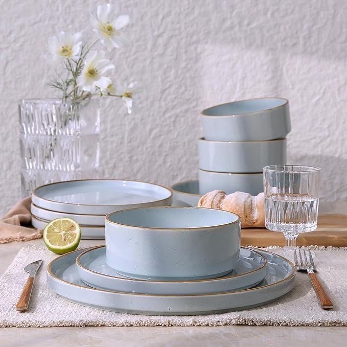Famiware Nebula Plates and Bowls Sets for 4, 12 Pieces Stoneware Dinnerware Set, Microwave and Dishwasher Safe Dishes Set, Light Blue with Brown Rim
