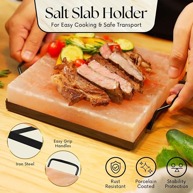UMAID Himalayan Salt Block Cooking Plate 8x8x1.5 for Cooking, Grilling, Cutting and Serving, Food Grade Rock Salt Stone On Steel Tray with Recipe Pamphlet Unique Gifts for Men, Women, Dads & Cooks