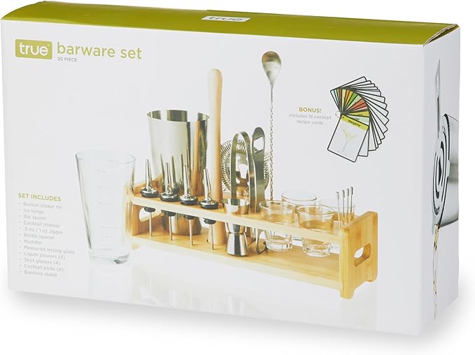 True 20-Piece Cocktail Shaker Bar Set with Wooden Stand Includes Boston Shaker, Mixing Glass, Muddler, Jigger, Strainer, Bartender Kit for Mixed Drinks, Cold Brew Cocktails, Home Bar Tools