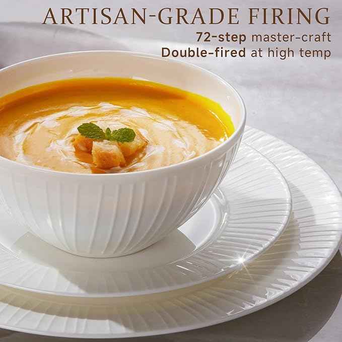 KINGSTONE Bone China Dinnerware Set, 24-Piece White Lightweight Porcelain with Textured Design Service for 8, Plates, Bowls, for Family Dining, Restaurants, Gifting，Microwave and Dishwasher Safe