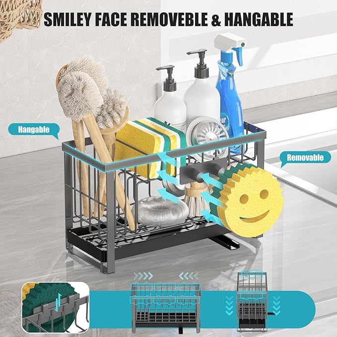Sponge Holder for Kitchen Sink with Flexible Sink Caddy Smiley Face,2 Tier Kitchen Sink Organizer Countertop and Storage Essentials,Soap Dispenser Organize,Home Decor Accessories-Gray
