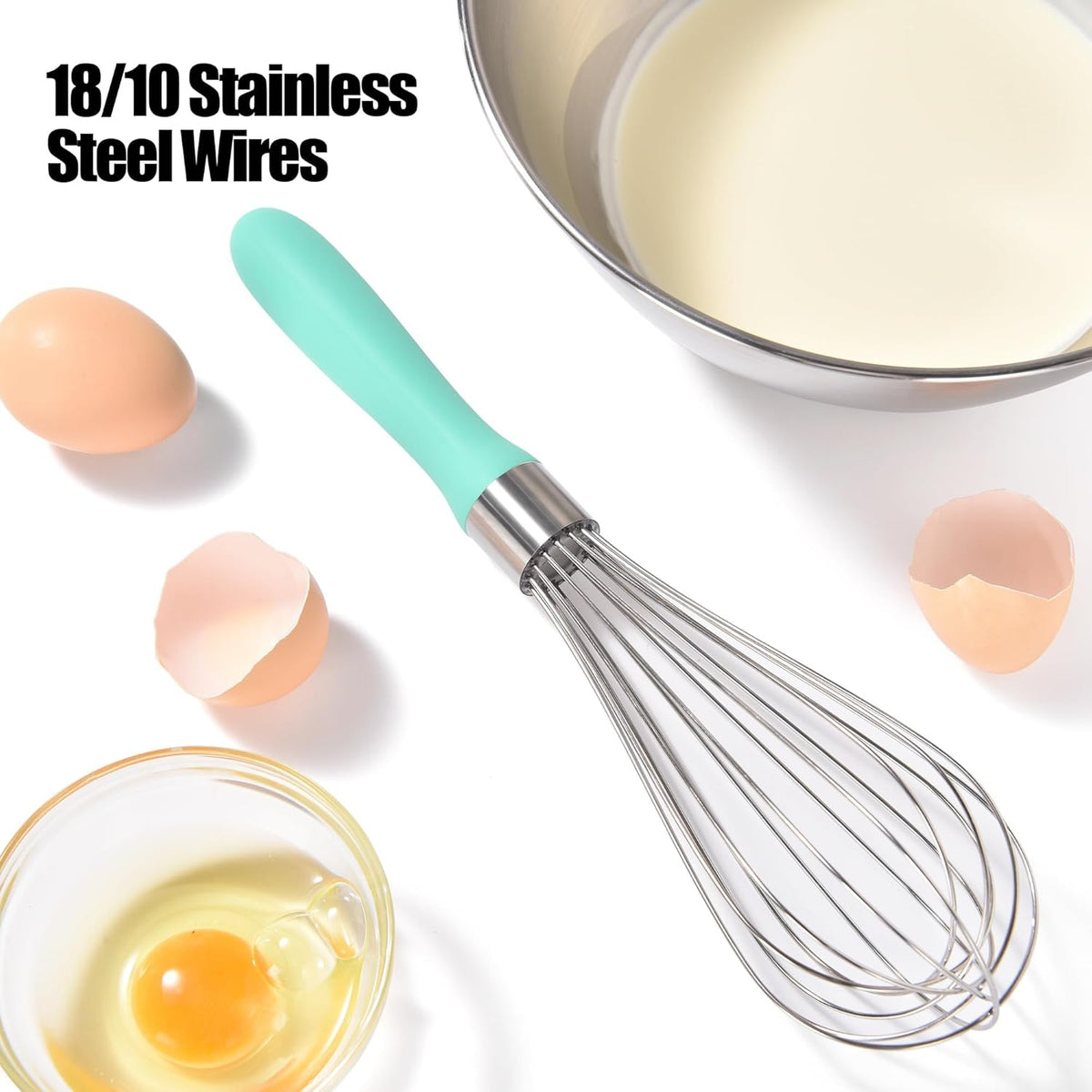 18/8 Stainless Steel Balloon Whisk, Doosu Kitchen Whisk for Cooking Handheld Egg Beater with Rust-Proof Sturdy Wires & Non-Slip Silicone Handle for Beating, Stirring, Blending (8 Wires, Aqua Sky)
