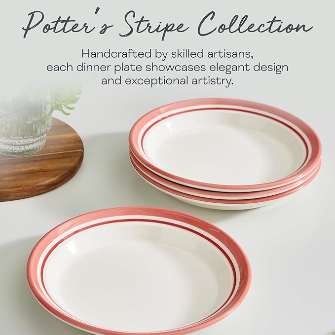 Portmeirion Potter's Stripe 8" Dinner Plate (Set of 4) - Handcrafted Earthenware Plates with Accent Rim, Microwave & Dishwasher Safe - Ideal Tableware for Modern & Traditional Dining (Red Stripe)