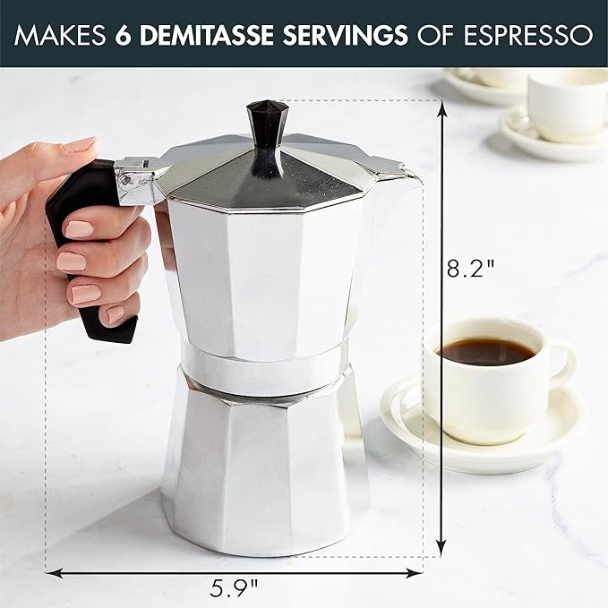 Primula Classic Stovetop Espresso and Coffee Maker, Moka Pot for Italian and Cuban Café Brewing, Greca Coffee Maker, Cafeteras, 6 Espresso Cups, Silver