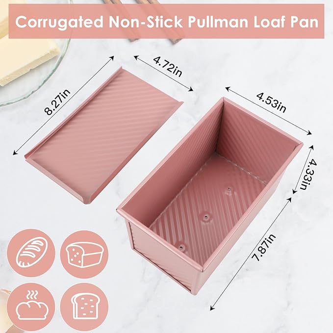 Unique Pink 1LB Bread Loaf Pan with Lid, Non-stick Safe Coating, Compact and Stylish Pullman Loaf Pan with Lid for Sandwich Loaves, Elevate Home Baking Aesthetics