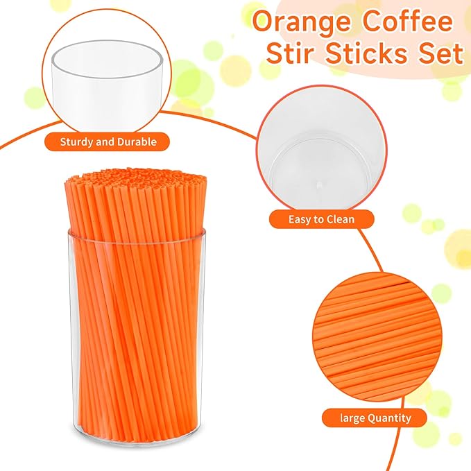 500 Pcs Neon Orange Coffee Stir Sticks Set Acrylic Stir Stick Holder Heather Orange Coffee Stirrers Holder Cocktail Straws for Coffee Bar Party Thanksgiving