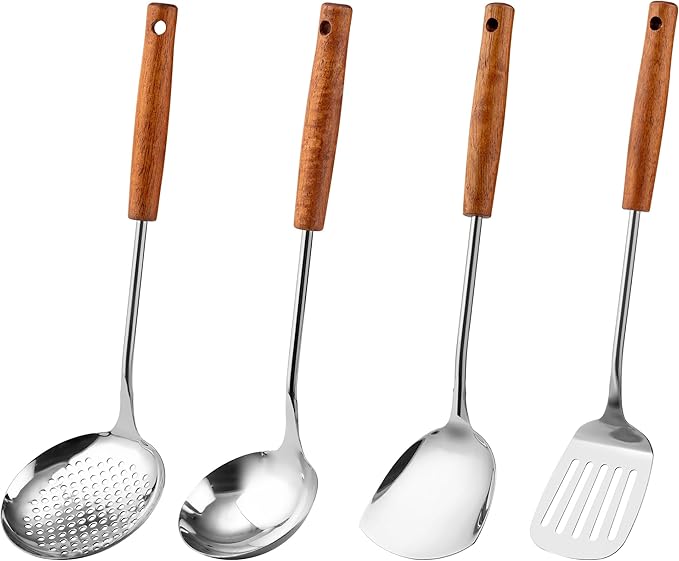 FJNATINH Stainless Steel Wok Tools Set,Wok Utensil - Wok Spatula,Turner,Ladle,Skimmer Tool Set,Mirror Polished Stainless Steel Cooking Utensils 14.6-15.2" Kitchen Utensils Cookware, Pack of 4
