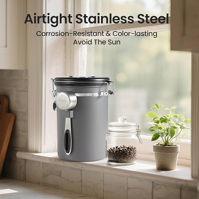 Veken Coffee Canister, Airtight Stainless Steel Kitchen Food Storage Container with Date Tracker and Scoop for Grounds Coffee, Beans, Tea, Flour, Cereal, Sugar, 22OZ, Gray