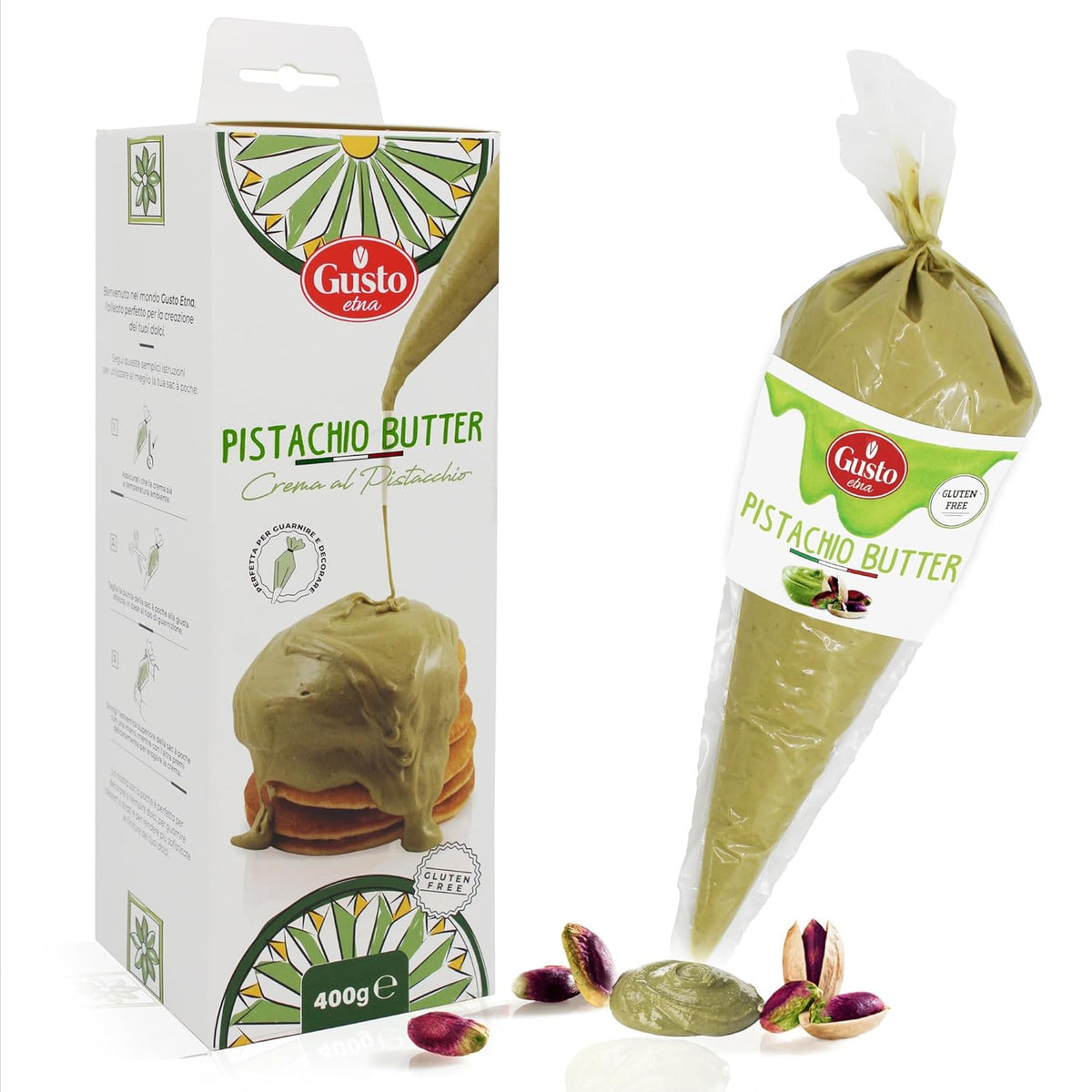 GUSTO ETNA Pistachio Nut Butter Cream in Squeeze Pouch, Spread, Cake Filling & Icing, Frosting, Dessert, Sweet Pistachio Butter, Pistachio Paste, From Bronte, Sicily, Italy, Non GMO, 14.1 oz (400 g)