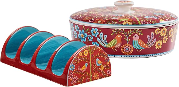Bico Red Spring Bird Taco Tuesday Set, Tortilla Warmer and Taco Holder, Microwave and Dishwasher Safe