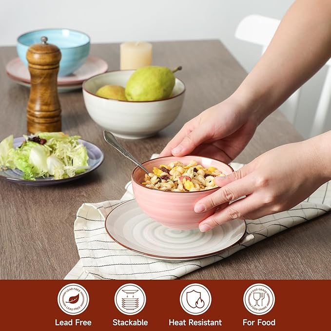 KitchenTour Dessert Bowls Set of 6, 12 OZ Ceramic Cereal Bowls for Kitchen, 4.7 Inch Small Bowls for Snack, Fruit, Ice Cream - Microwave & Dishwasher Safe, Assorted Warm Colors