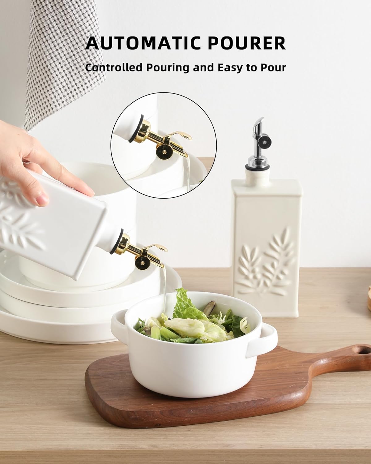 Sweejar Ceramic Olive Oil Dispenser Bottle for Kitchen, 17 Oz Relief Opaque Oil and Vinegar Dispenser Bottle with Spout, Suitable for Soy Sauce, Coffee Syrup, Liquids (Beige)