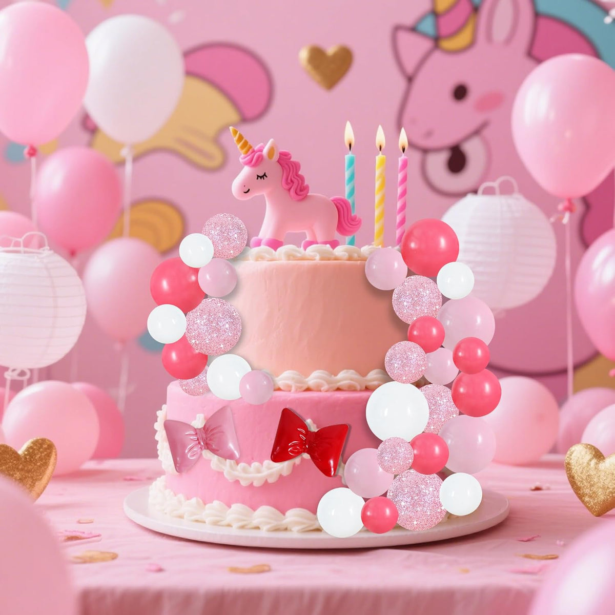 BEISHIDA 42 pcs Foam Ball Cake Toppers with Sticks Includes 2 Bow Cake Decor Perfect for Birthday Party Pink&White Theme Party Decor Wedding Anniversary Celebration(Pink, White)