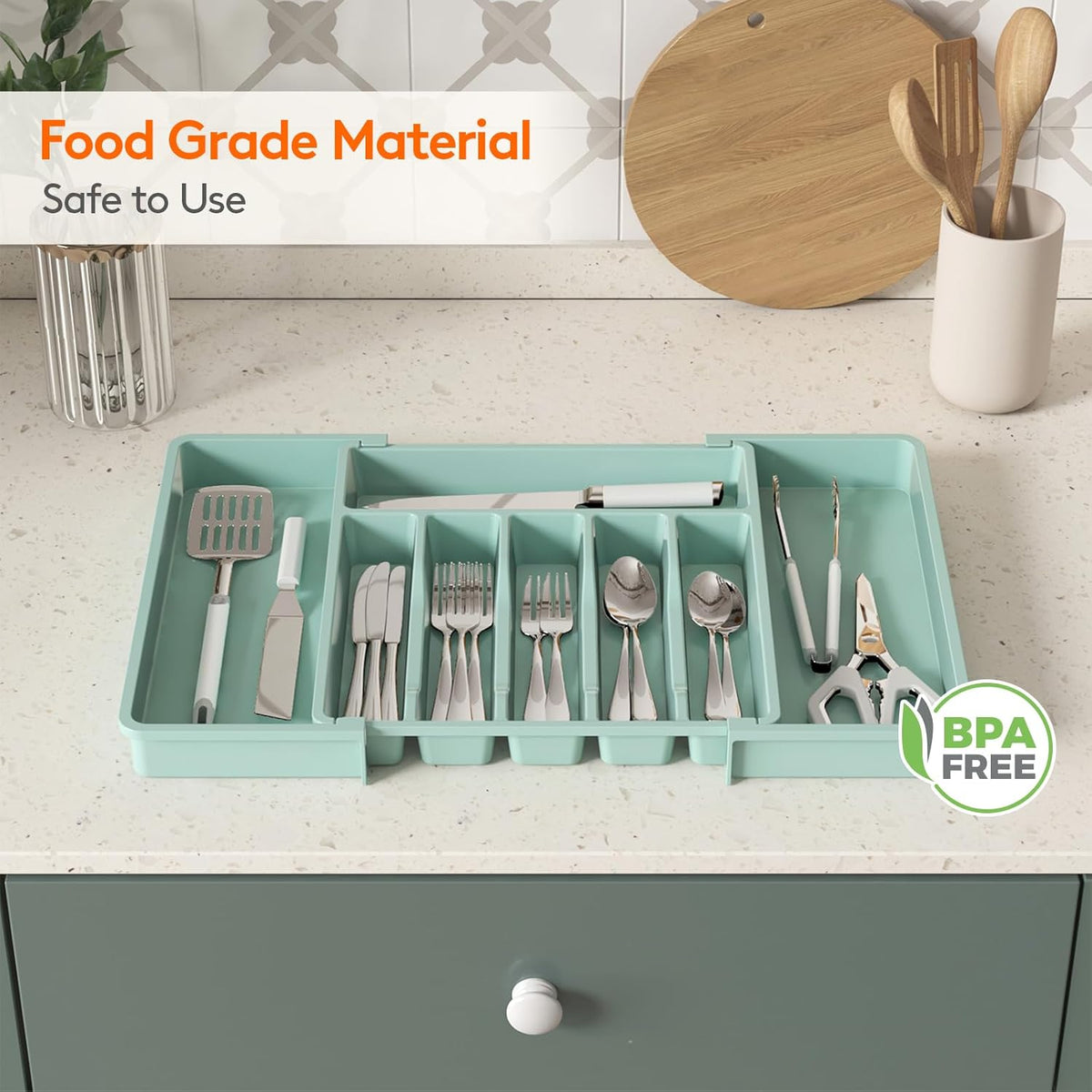 Lifewit Silverware Drawer Organizer, Expandable Utensil Tray for Kitchen, BPA Free Flatware and Cutlery Holder, Adjustable Plastic Storage for Spoons Forks Knives, Large, Turquoise