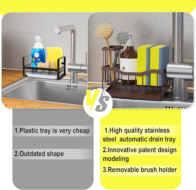 Maifan Sink Caddy Sponge Holder for Kitchen with Brush Holder and Stainless Steel Self Drain Tray, Rustproof Kitchen Sink Organizer for Sponge, Soap Dispenser Storage Accessories