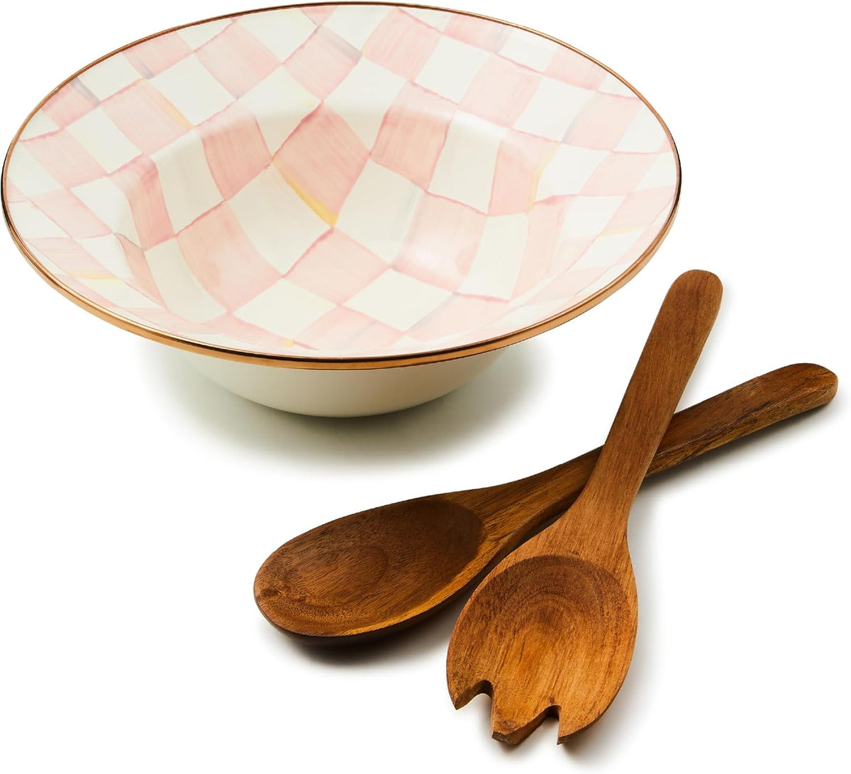 MACKENZIE-CHILDS Enamel Salad Serving Set, Enamel Bowl and Wooden Salad Servers, Decorative Kitchen Set, Pink-and-White Rosy Check