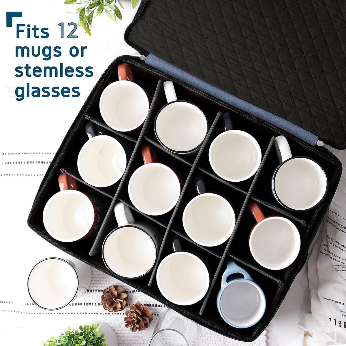 Hearth & Harbor Coffee Mug Storage, Quilted and Stackable Coffee Cup Storage Organizer for Service of 12, Mug Storage Box with Dividers, China Containers Hard Shell for Moving and Organization, Blue