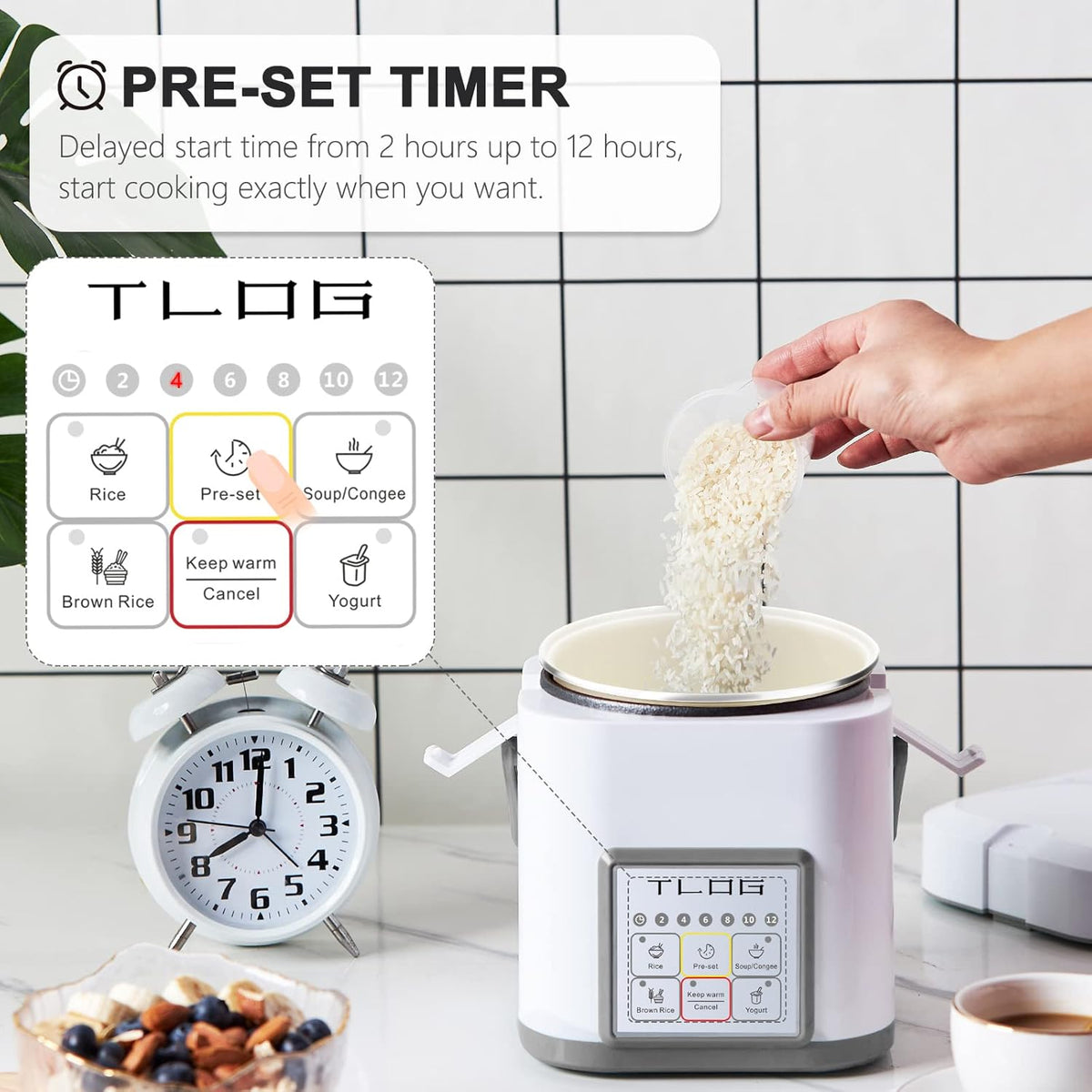 TLOG Mini Rice Cooker 2.5 Cups Uncooked, Healthy Ceramic Coating Portable Cooker, 1.2L Travel Small for 1-3 People, Personal maker, Food Steamer, 12 Hours delay timer, Multi-cooker Grains, Oats