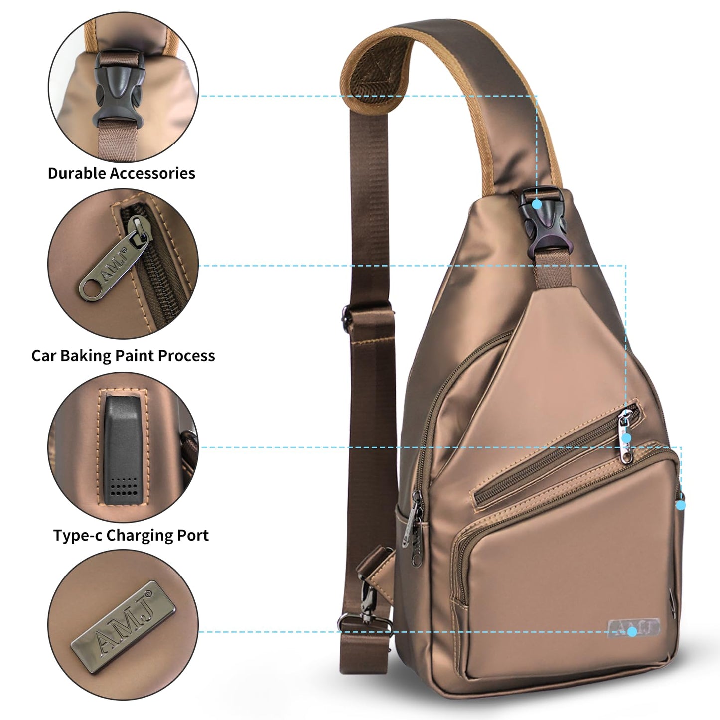 AMJ Crossbody Sling Bag, Upgraded PU Leather with USB Port Casual Shoulder Chest Bag with Logo Zipper Pulls (Leather Brown)