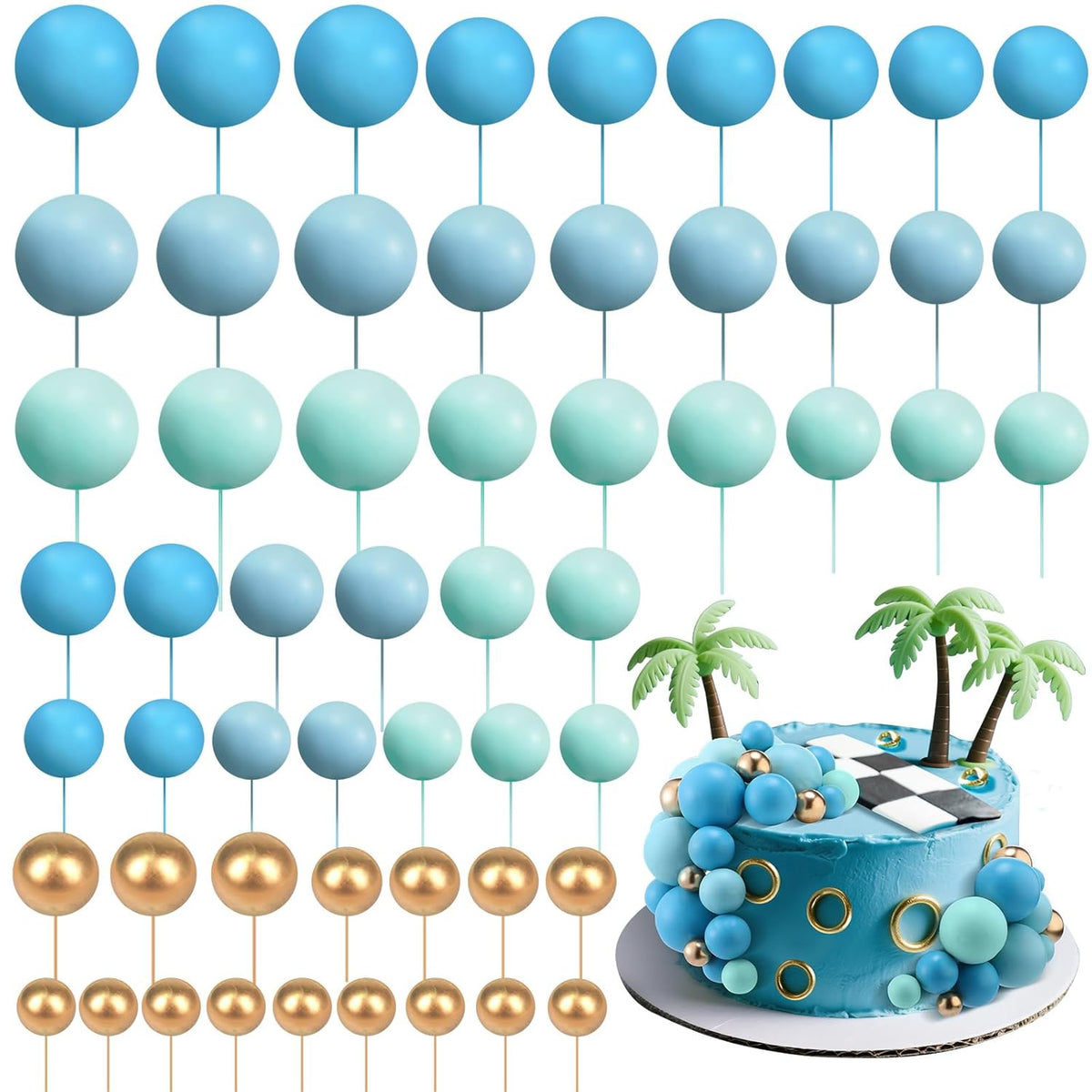 Tondiamo 108 Pcs Balls Cake Topper DIY Cupcake Insert Foam Balloons for Cake Baking Wedding Anniversary Birthday Decoration (Blue Gold,Multi Sizes)