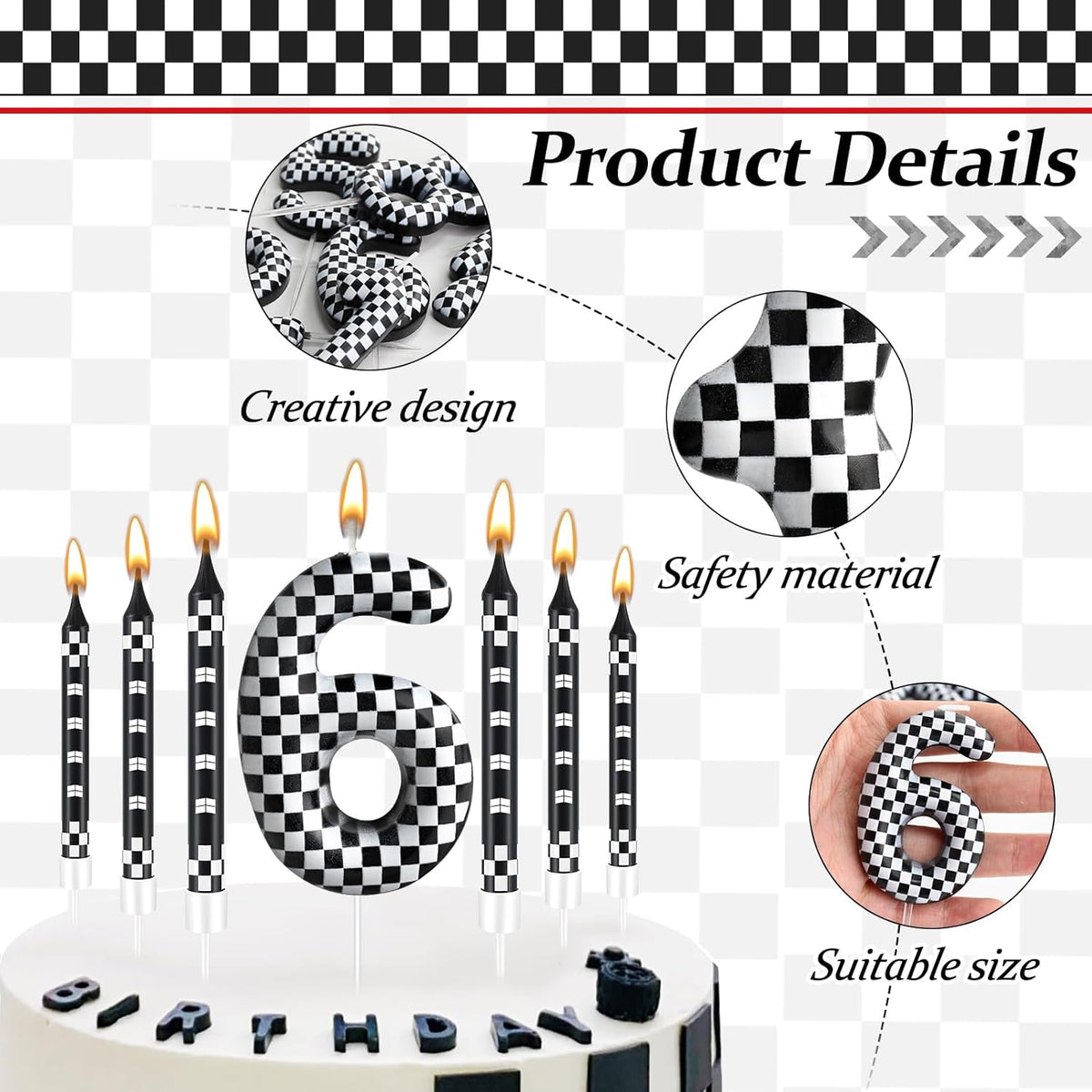 13 Pcs Racing Cars Themed Birthday Candles 12 Black and White Race Number 6 Checkered Candle Cake Topper for Racing Car Party Decoration Supplies (Number 6)