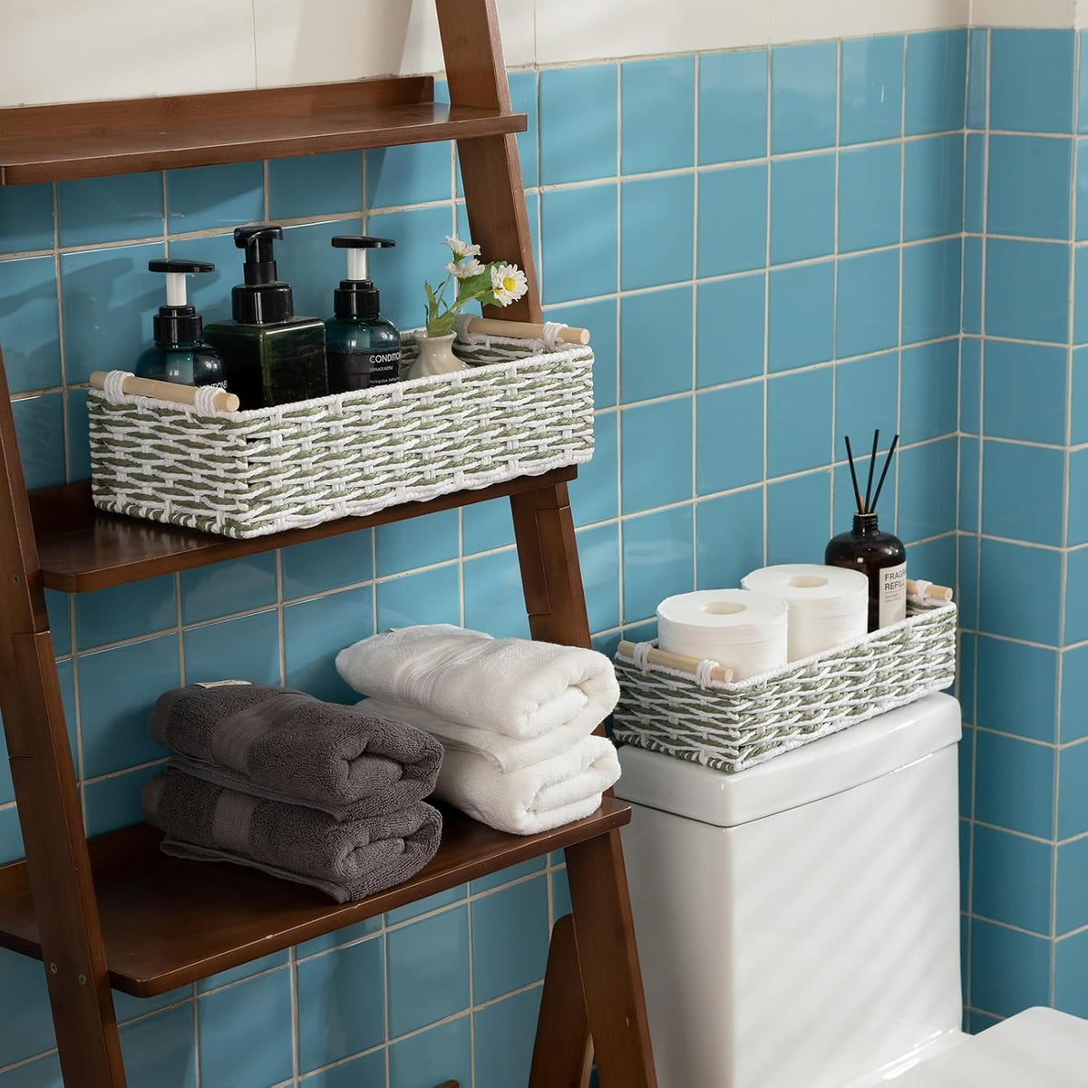 OIAHOMY Toilet Paper Baskets Handmade Paper Rope Decorative Wicker Storage Tank Shelf Cabinet Organizer for Bathroom Home, Set of 2, Green & White
